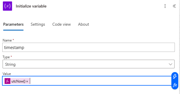 Example showing how to create the utcNow timestamp
